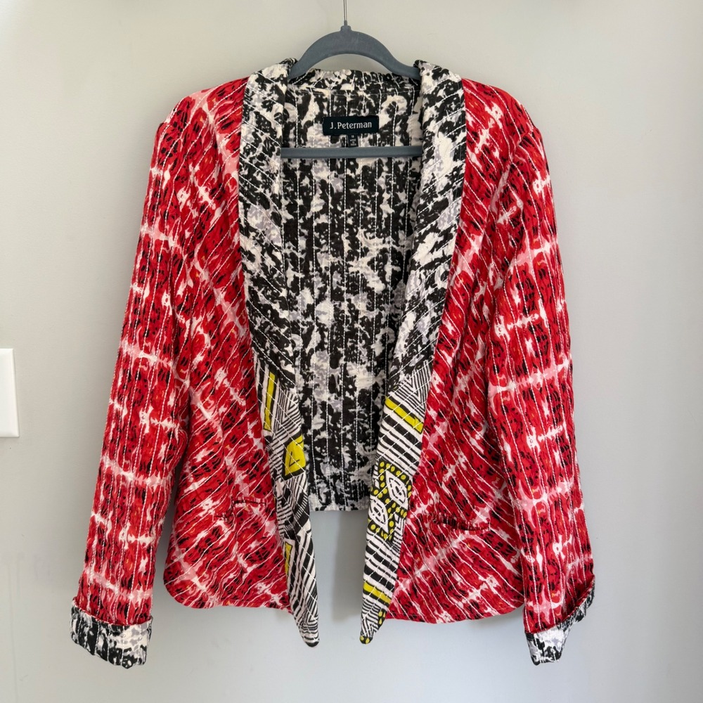 J. Peterman Jacket Mixed Print Quilted 100% Cotton Open Front Red Black White 18